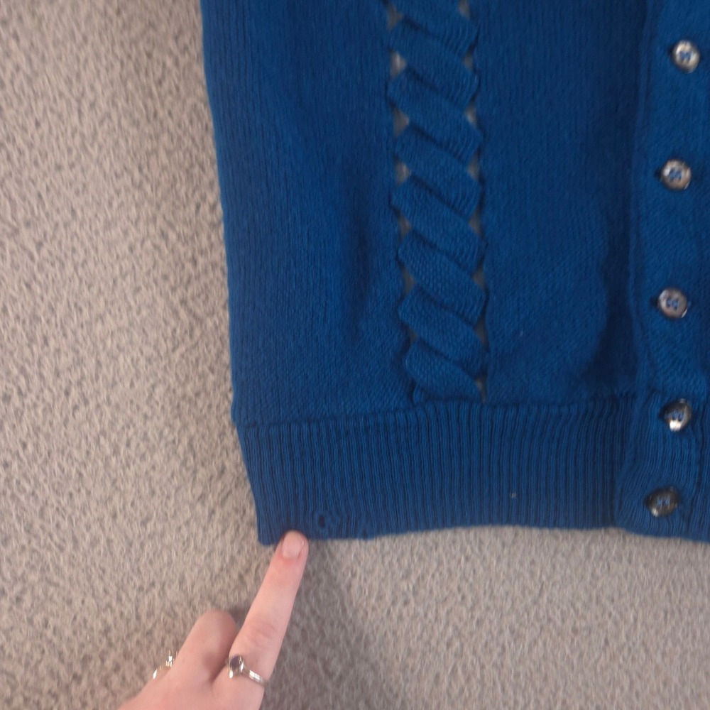 VINTAGE Silverwoods Sweater Mens M Teal Open Knit Cable Cardigan Wool 60s 70s - Picture 6 of 13
